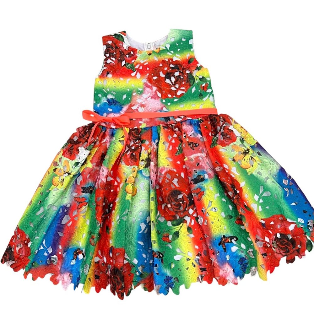 Halabaloo Girls Rainbow Floral Laser-Cut Dress 6X Polyester Cotton Blend Bow Acc